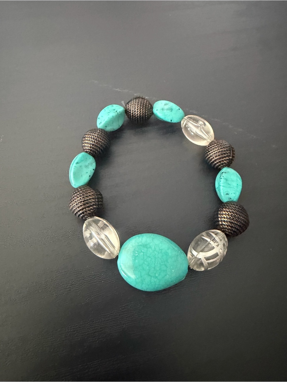 Turquoise Bead Stretch Bracelet with Clear and Bronze Accents handmade